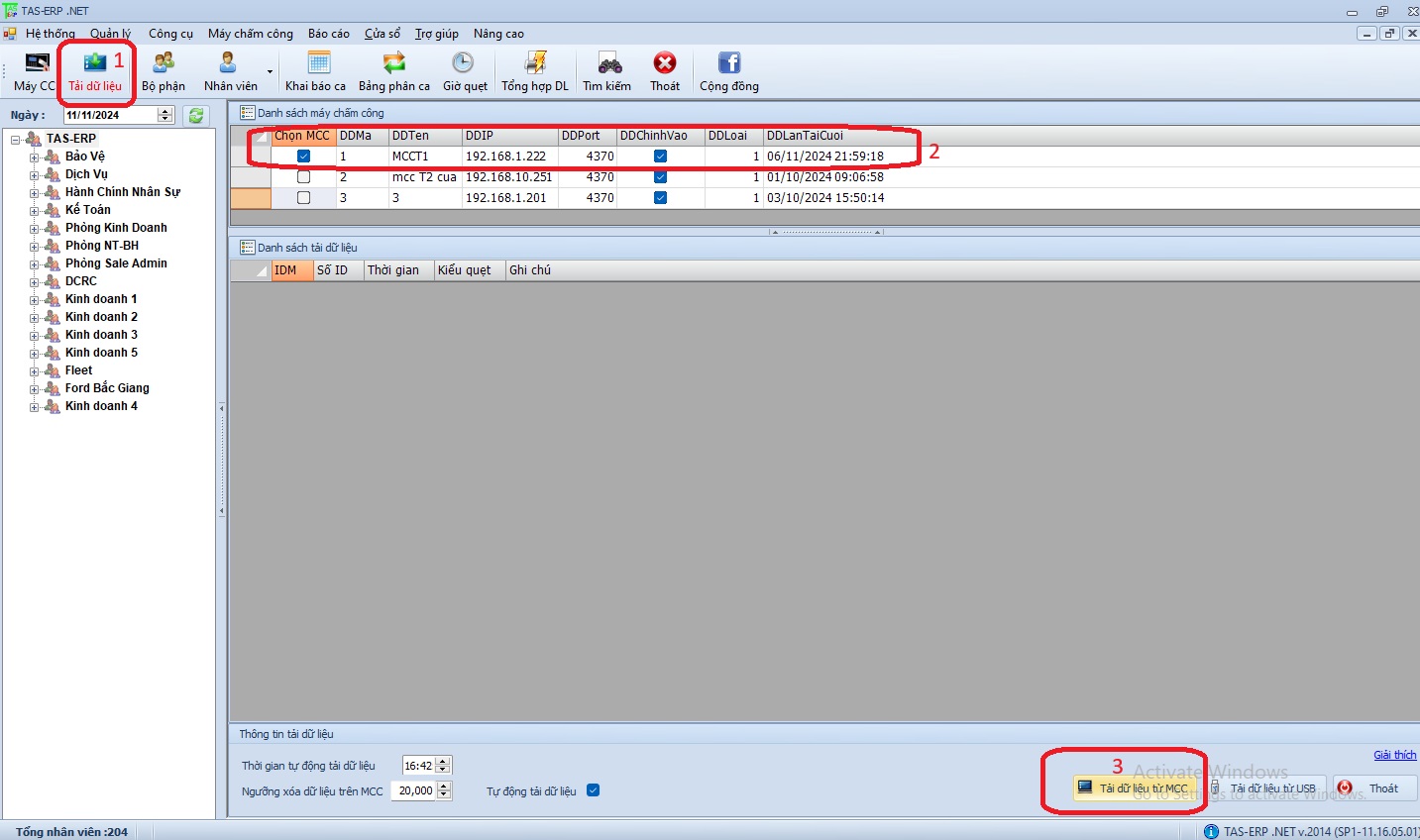 Cách tải dữ liệu máy chấm công về máy tính từ phần mềm tas-erp 2014